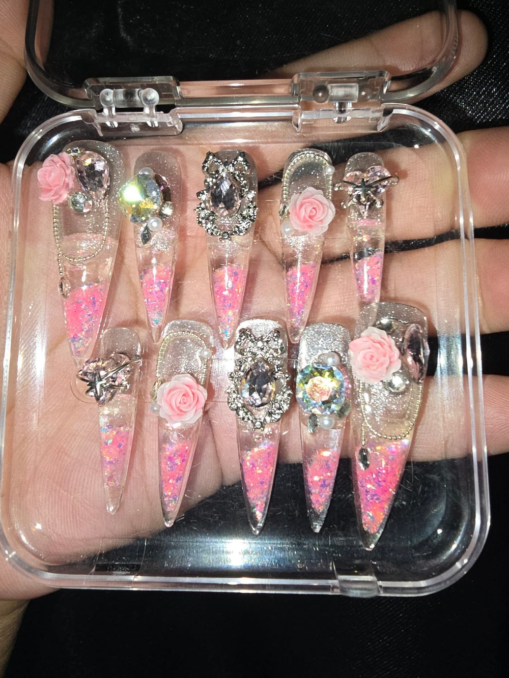 Handmade Pink Glitter Stiletto Water Nails